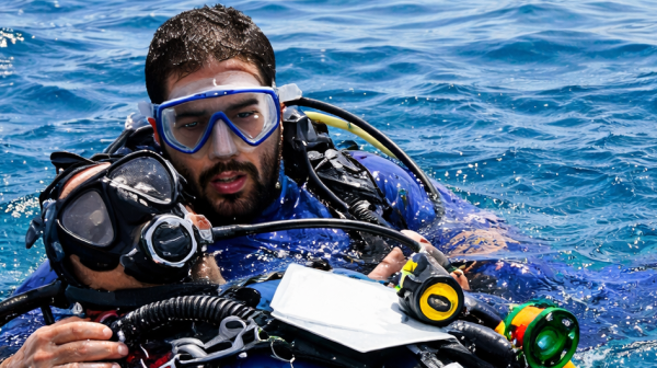 Two divers in wetsuits and masks practicing a rescue operation in open water.