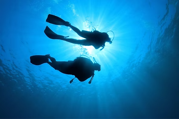 Two scuba divers silhouette underwater with sunlight above.
